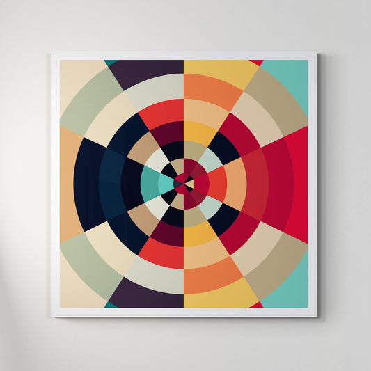 A giclée print of a colorful geometric digtal artwork on a white wall. Abstract circle and semi circular patterns, mainly soft pastel colors.