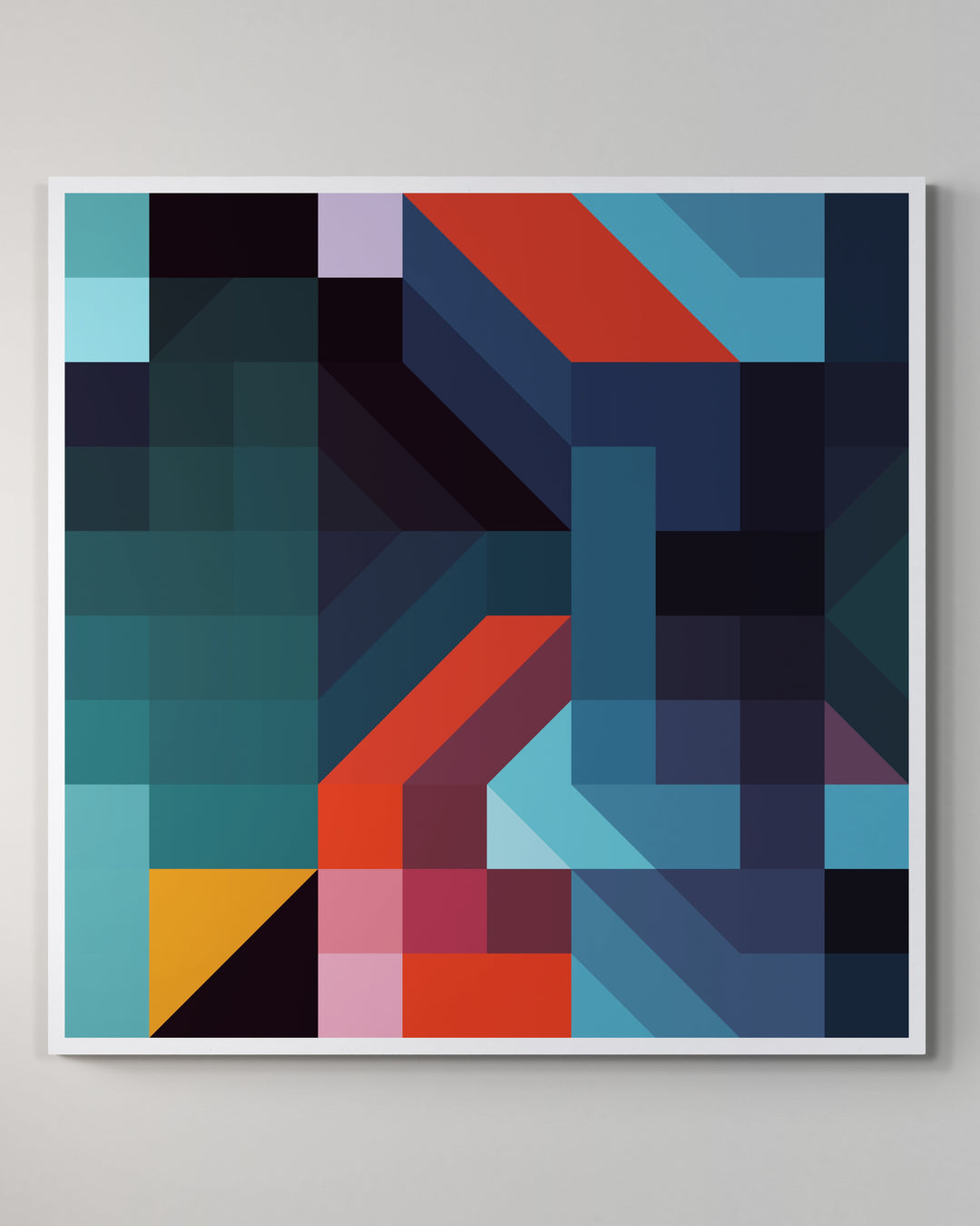 A giclée print of a colorful geometric digtal artwork on a white wall. Abstract cube and square patterns, mainly blues and red colors.