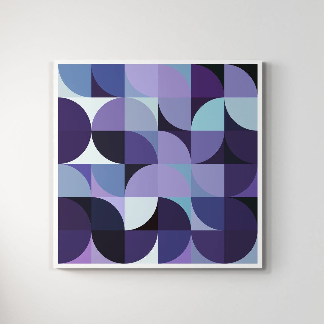 A giclée print of a colorful geometric digtal artwork on a white wall. Abstract floral pattern, mainly violet, purple and white pastel colors