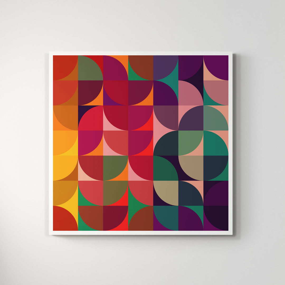 A giclée print of a colorful geometric digtal artwork on a white wall. Abstract floral pattern, colorful.