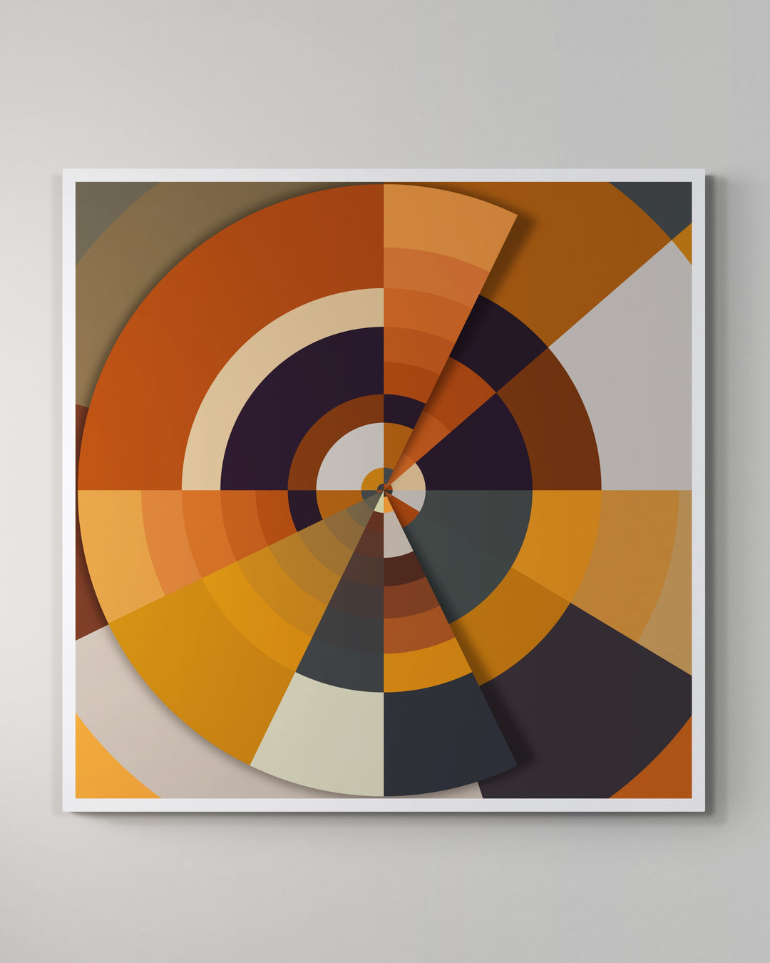 A giclée print of a colorful geometric digtal artwork on a white wall. Abstract circle and semi circular patterns, mainly white, yellow and brown colors.