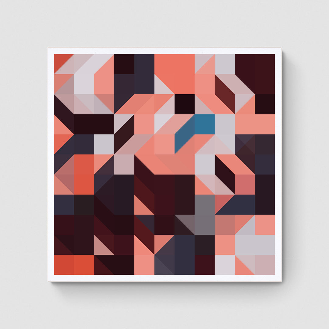 A giclée print of a colorful geometric digtal artwork on a white wall. Abstract cube and square patterns, mainly peach, pink, white and blue colors.