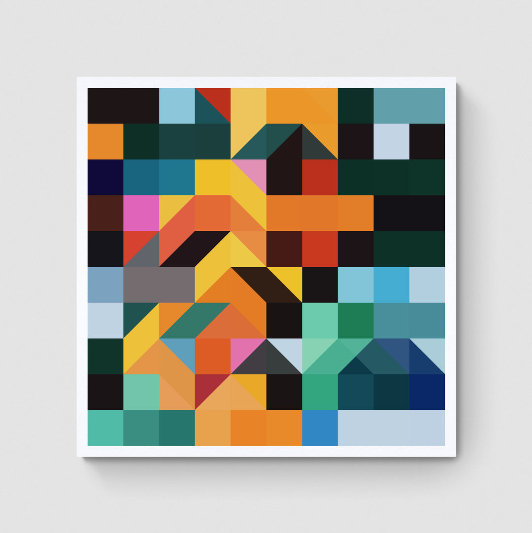 A giclée print of a colorful geometric digtal artwork on a white wall. Abstract cube and square patterns, colorful..