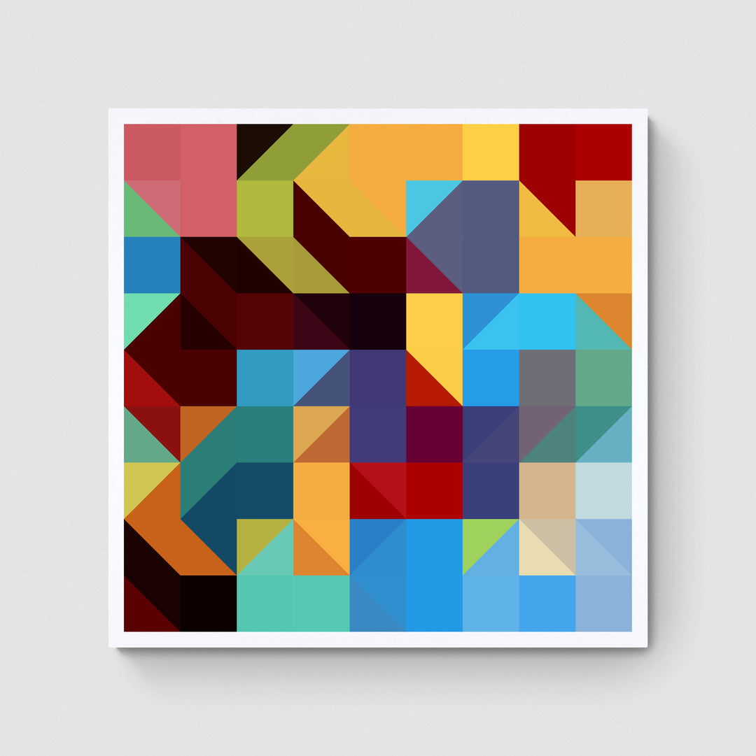 A giclée print of a colorful geometric digtal artwork on a white wall. Abstract cube and square patterns, colorful rich and soft pastel colors.