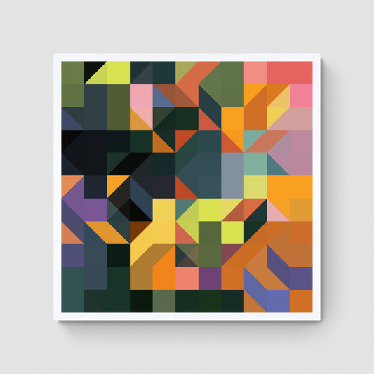 A giclée print of a colorful geometric digtal artwork on a white wall. Abstract cube and square patterns, mainly purple orange and soft pastel colors.