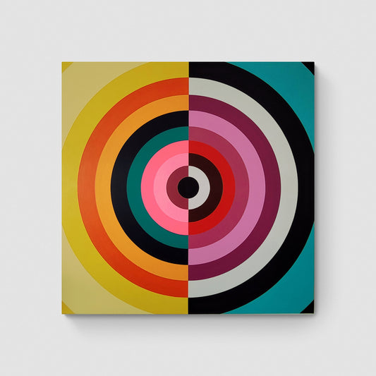 An original painting of a colorful geometric design on a white wall. Abstract circle and semi circular patterns, colorful, rainbow pastel colors.